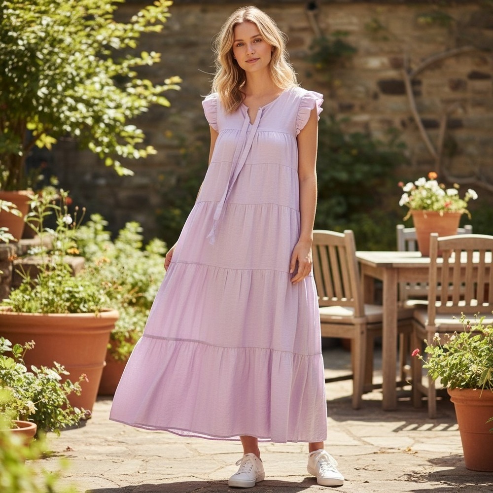 English Factory Maxi Dress Womens Large Purple Summer Casual Tiered Tie Neck